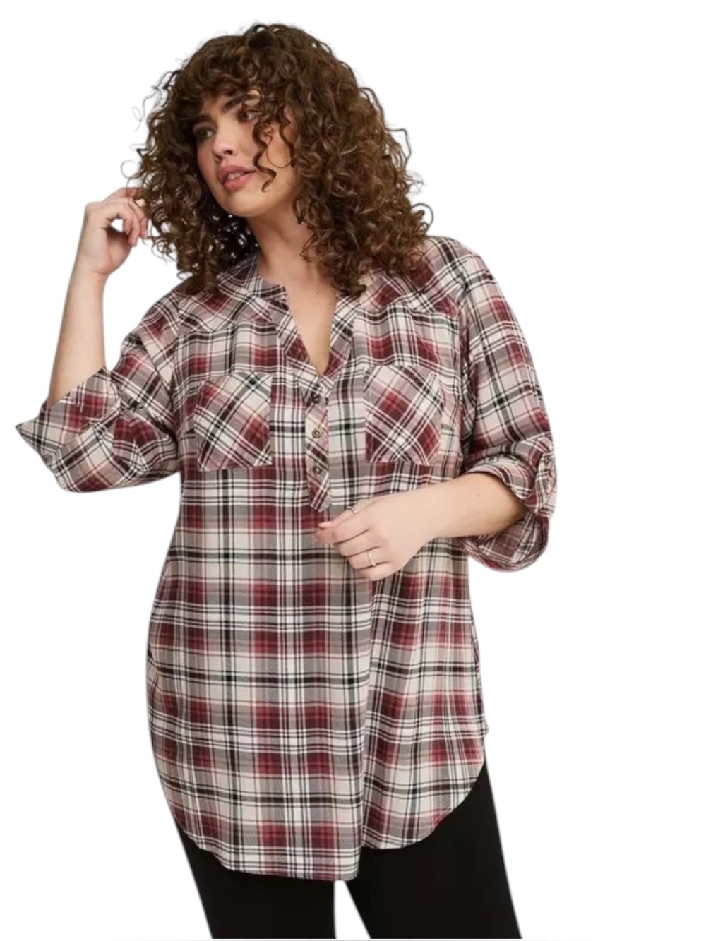 Torrid Harper Burgundy and Cream Plaid  3/4 Sleeve Pullover Tunic Top
